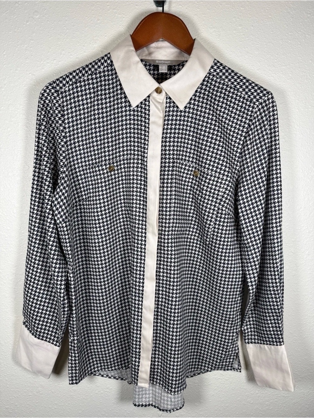 Barbour Kathryn Shirt Button Down Houndstooth 6 Black Cream Classic Preppy